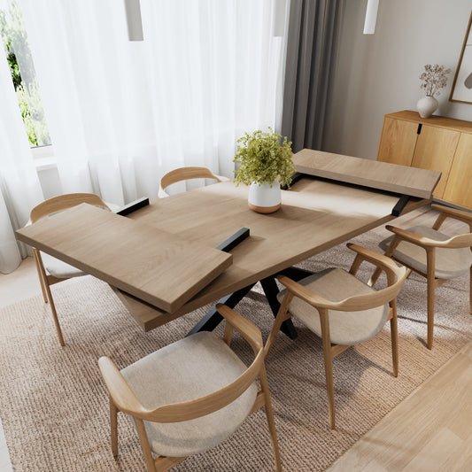 Rechteckiger Esstisch aus massiver Eiche mit Ansteckplatten - Table Kings