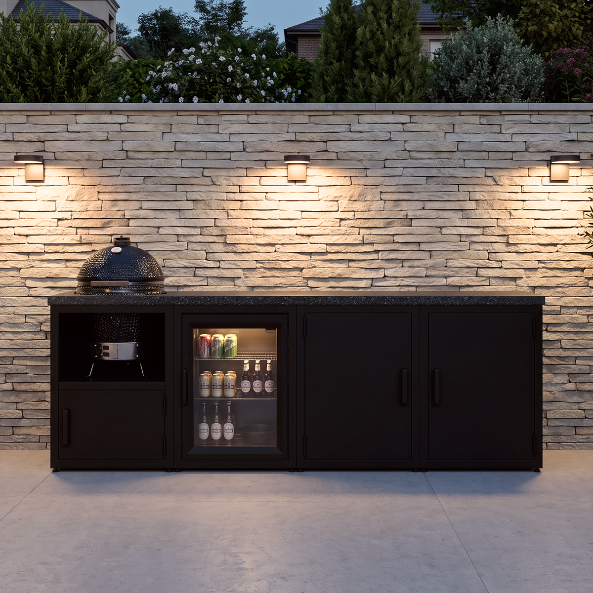 Outdoor-Küche mit Granitplatte für Kamado BBQ und Kühlschrank (auf Stellfüßen)