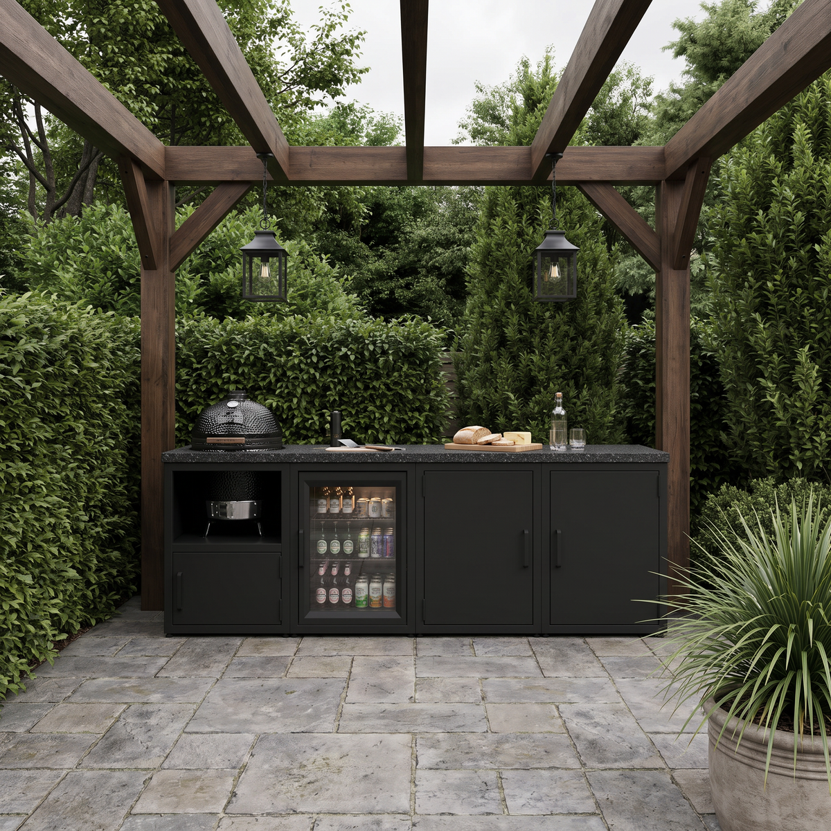 Outdoor-Küche mit Granitplatte für Kamado BBQ und Kühlschrank (auf Stellfüßen)