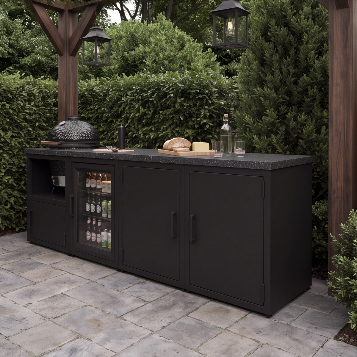 Outdoor-Küche mit Granitplatte für Kamado BBQ und Kühlschrank (auf Stellfüßen)