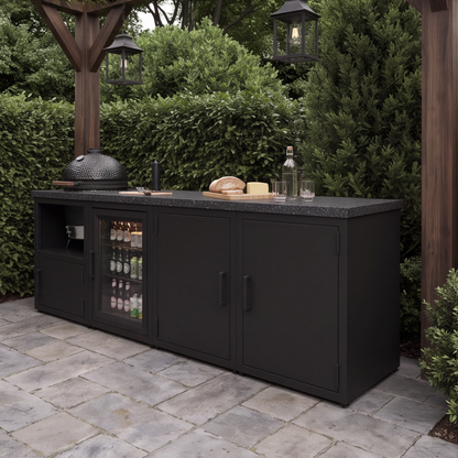 Outdoor-Küche mit Granitplatte für Kamado BBQ und Kühlschrank (auf Stellfüßen)