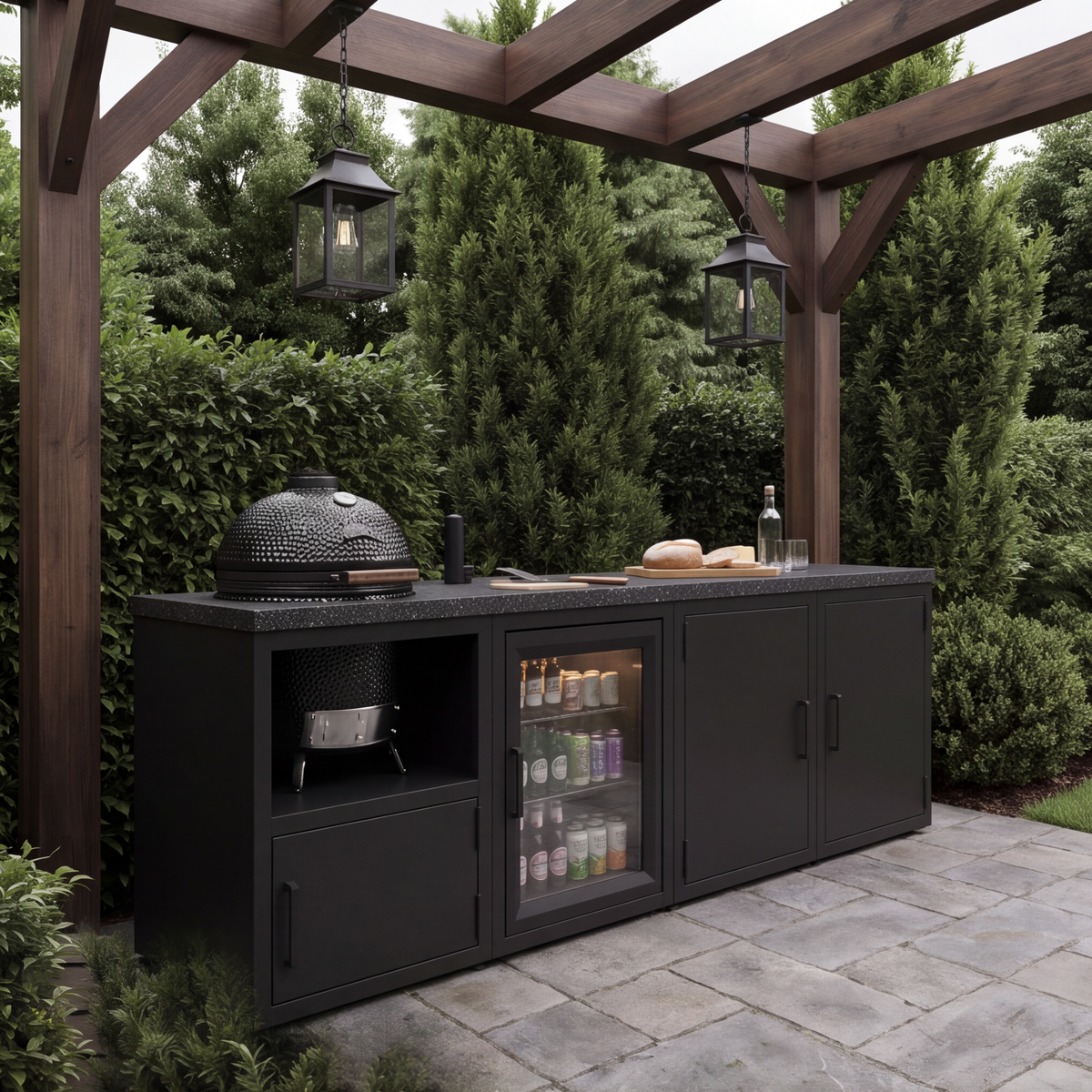 Outdoor-Küche mit Granitplatte für Kamado BBQ und Kühlschrank (auf Stellfüßen)