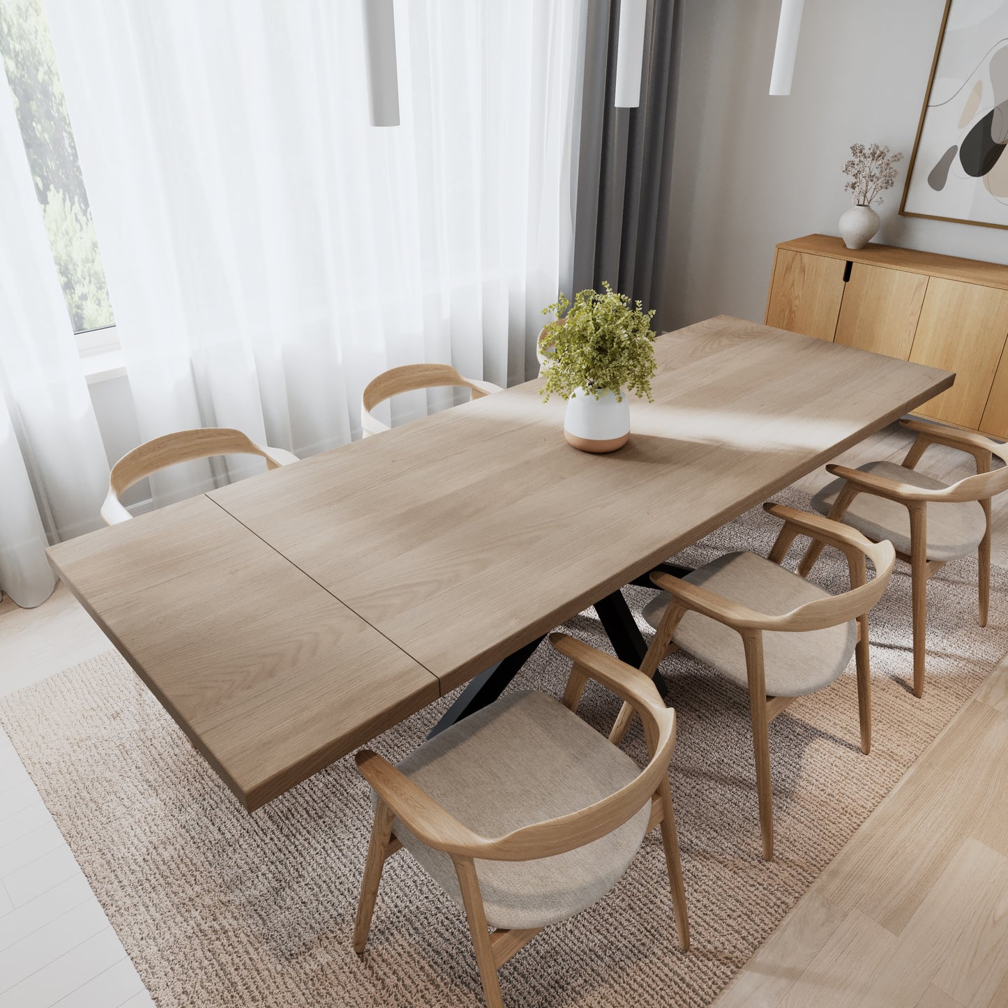 Rechteckiger Esstisch aus massiver Eiche mit Ansteckplatten - Table Kings