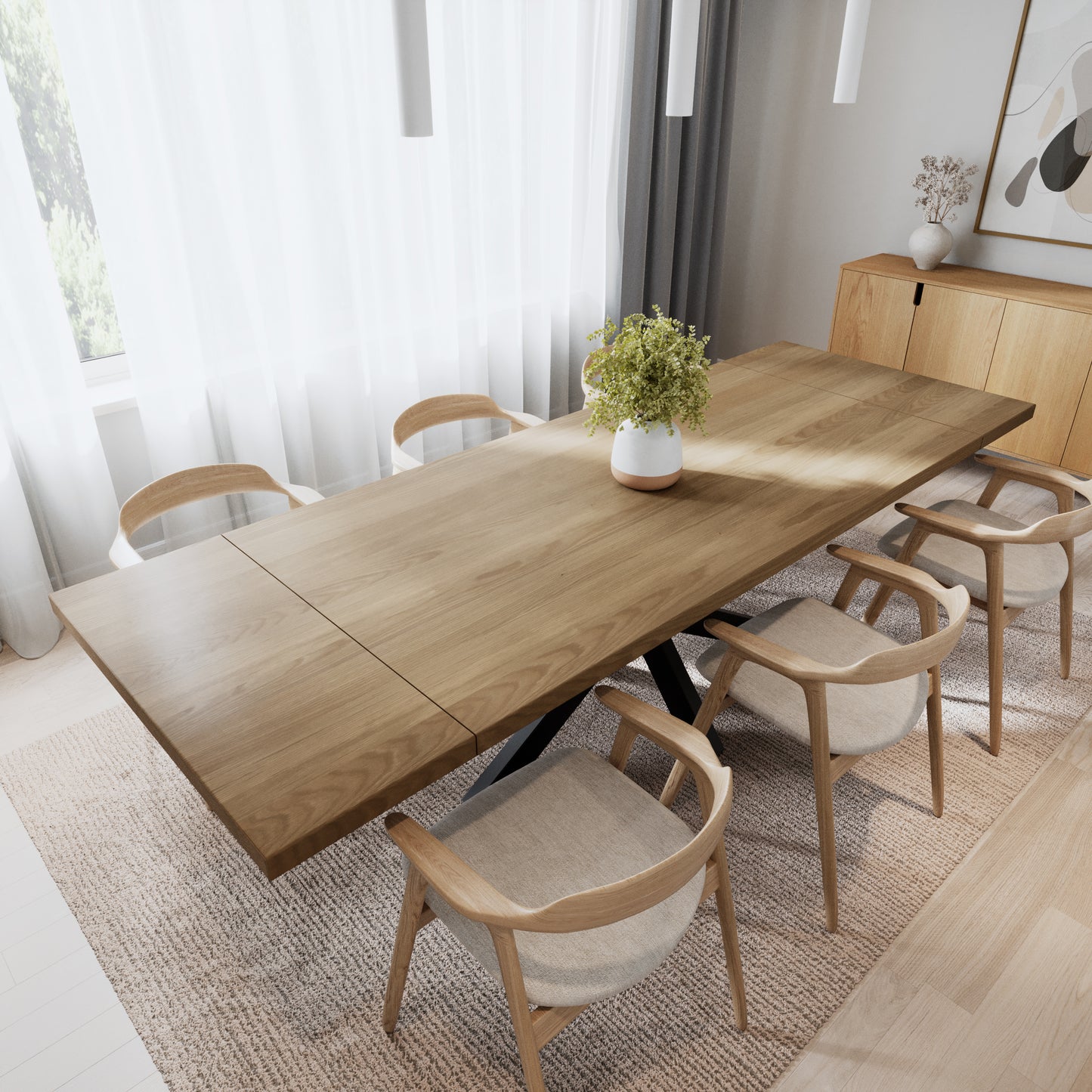 Rechteckiger Esstisch aus massiver Eiche mit Ansteckplatten - Table Kings