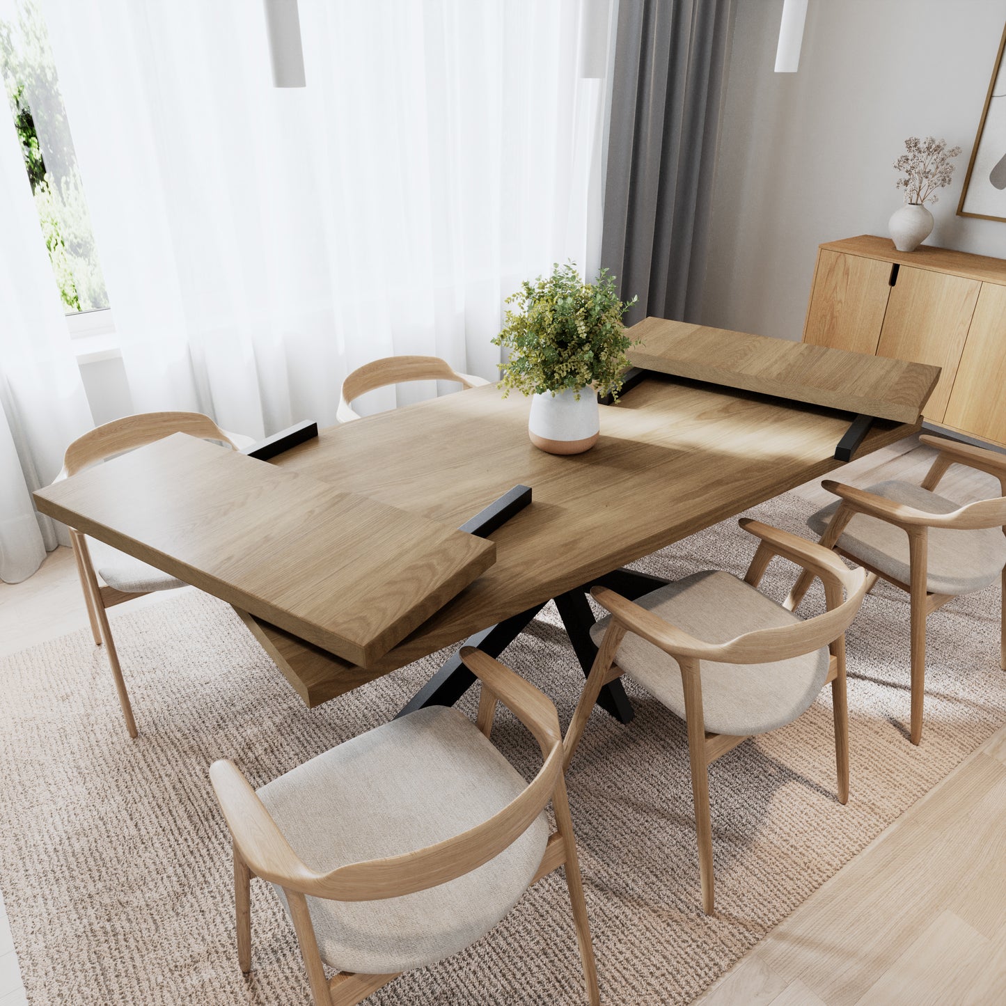 Rechteckiger Esstisch aus massiver Eiche mit Ansteckplatten - Table Kings