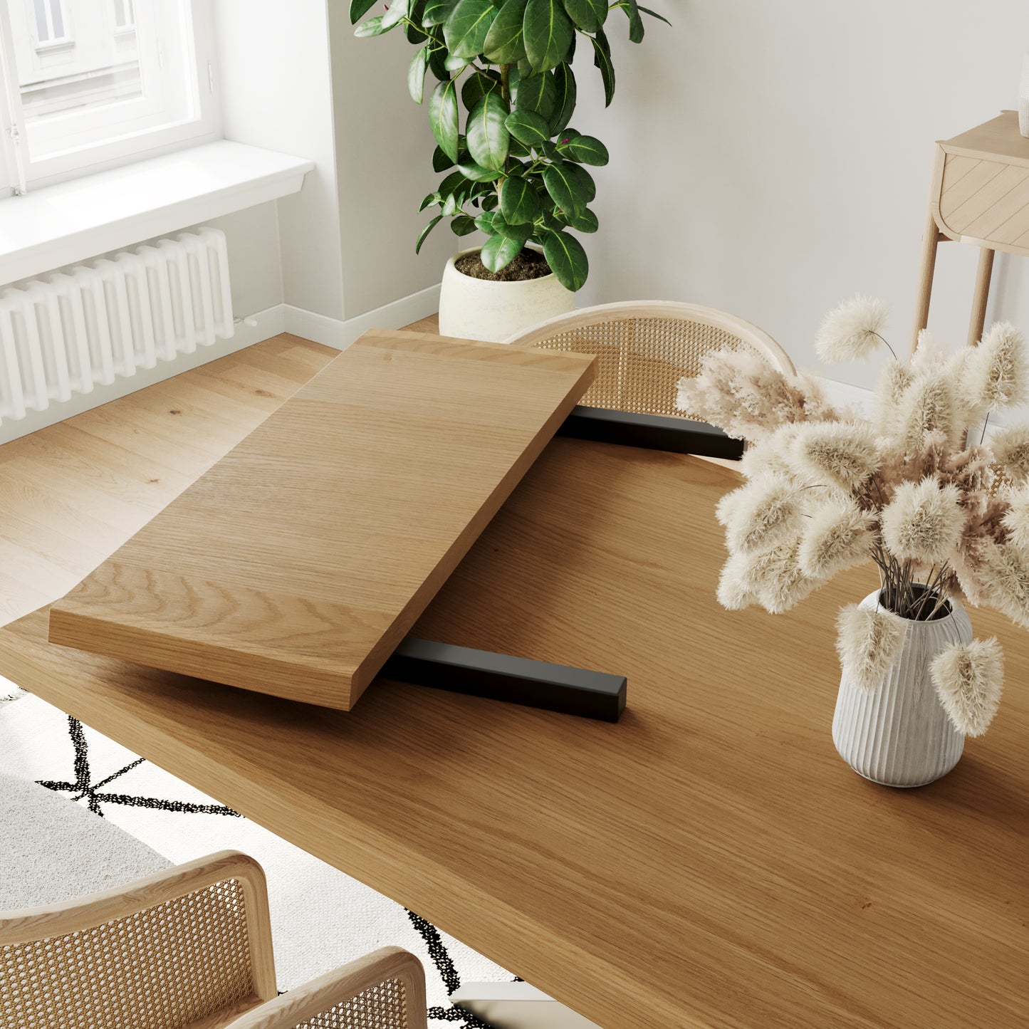 Rechteckiger Esstisch aus massiver Eiche mit Ansteckplatten (Geölt)